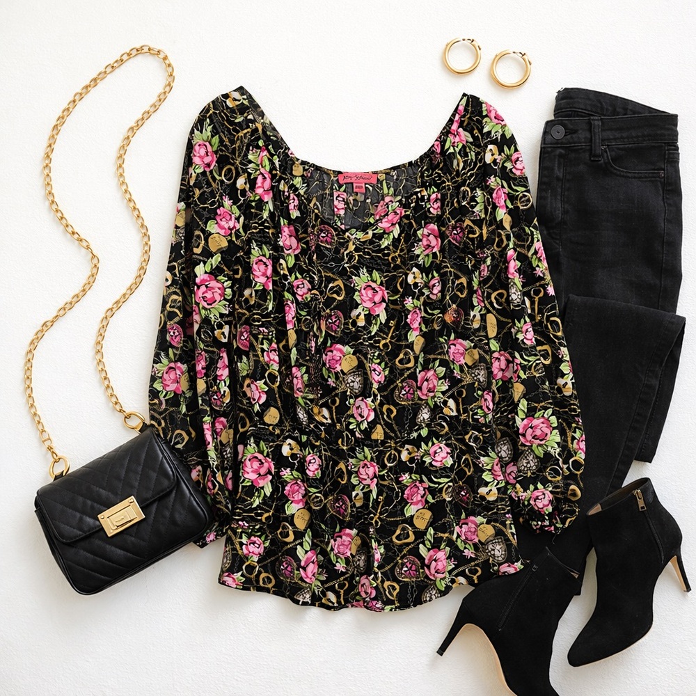 Betsey Johnson Black Floral Chain Print Peasant Blouse Size Large